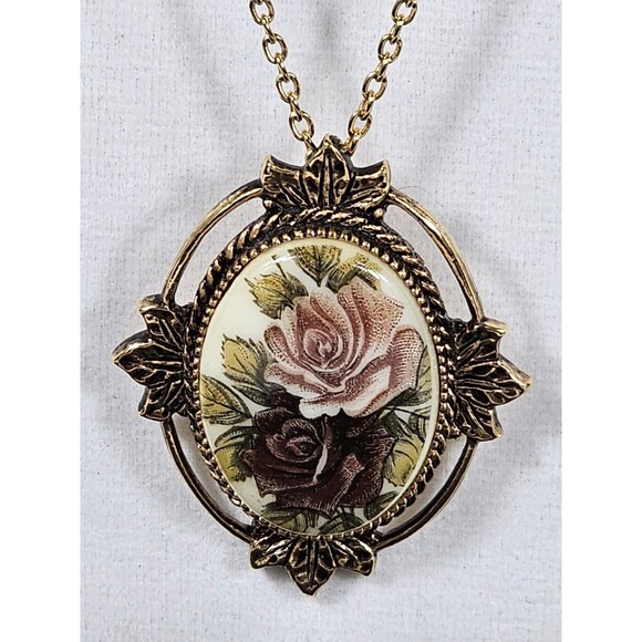 Sarah Coventry Jewelry - Vtg Sarah Coventry Gold Tone Pink Burgundy Cameo Roses Necklace 12in & Pendant